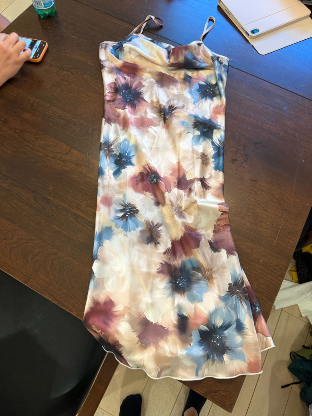 bebe Floral Satin Maxi Skirt in Blue, Cream & Mauve